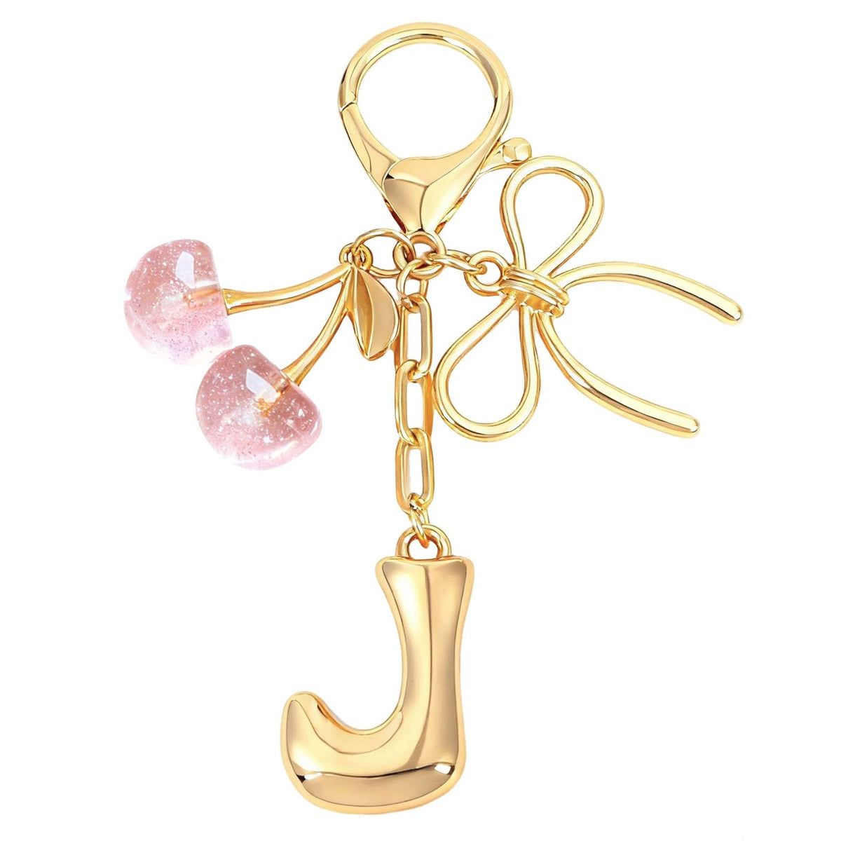 Snycler Bubble Initial Keychain with Bow & Cherry - Gold Letter Bag Charms for Women, Cute Purse Handbag Accessories