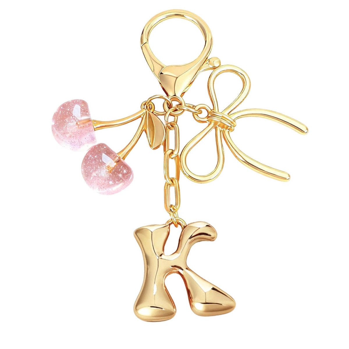 Snycler Bubble Initial Keychain with Bow & Cherry - Gold Letter Bag Charms for Women, Cute Purse Handbag Accessories