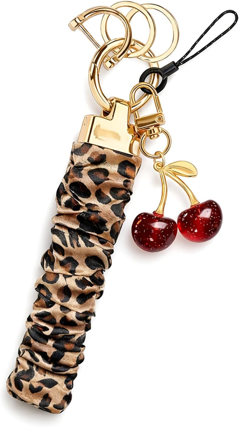 Angyape Stretchy Wristlet Keychain Cute Cherry Key Chain for Car Keys Holder Scrunchie Bracelet Wrist Lanyard for Women