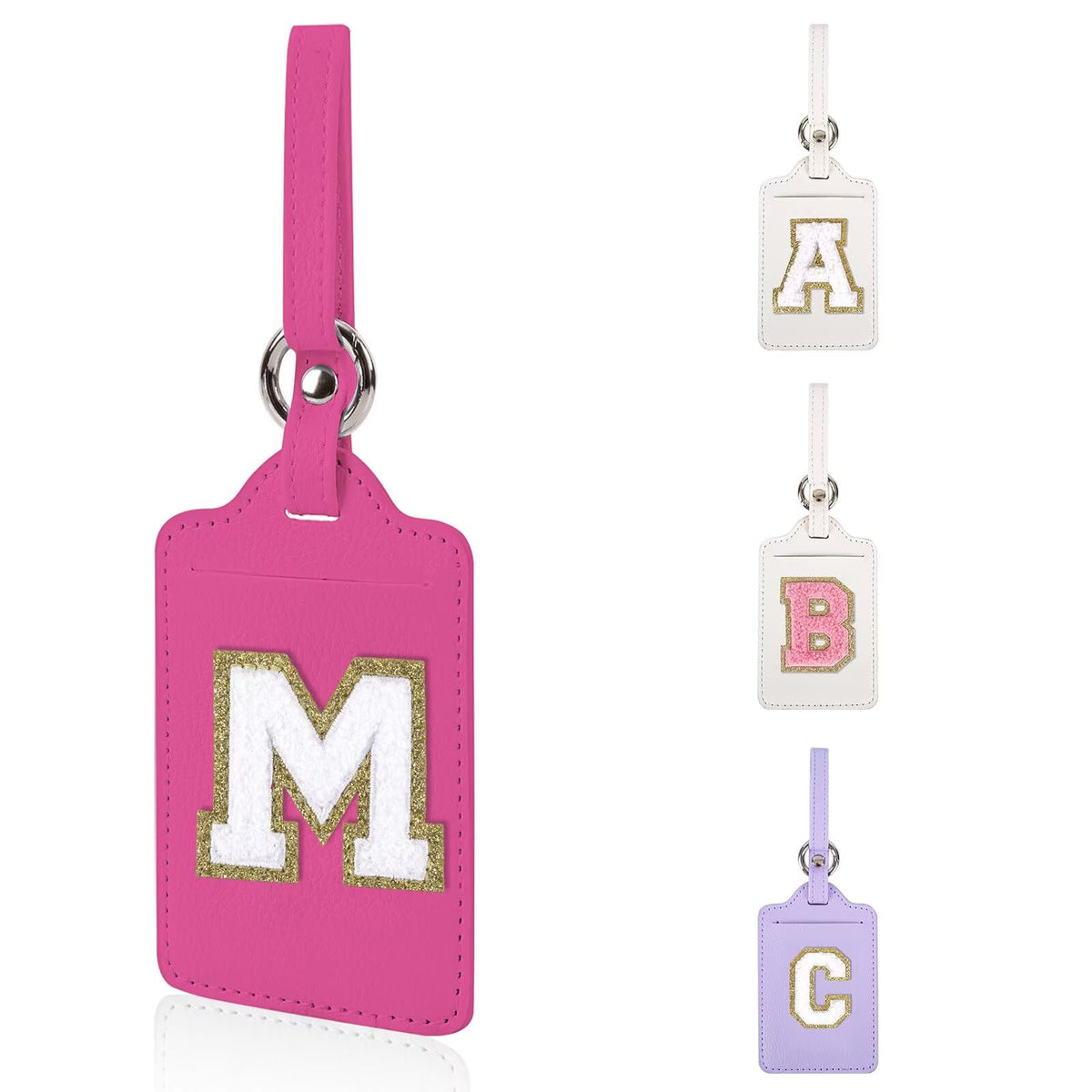 Personalized Initial Luggage Tags for Suitcases, Leather Chenille Letter Cute Luggage Tags with Privacy Name Card, Embroidered Travel Bag Backpack Tag Gifts for Women Kids Girls Teens(Pink-M)