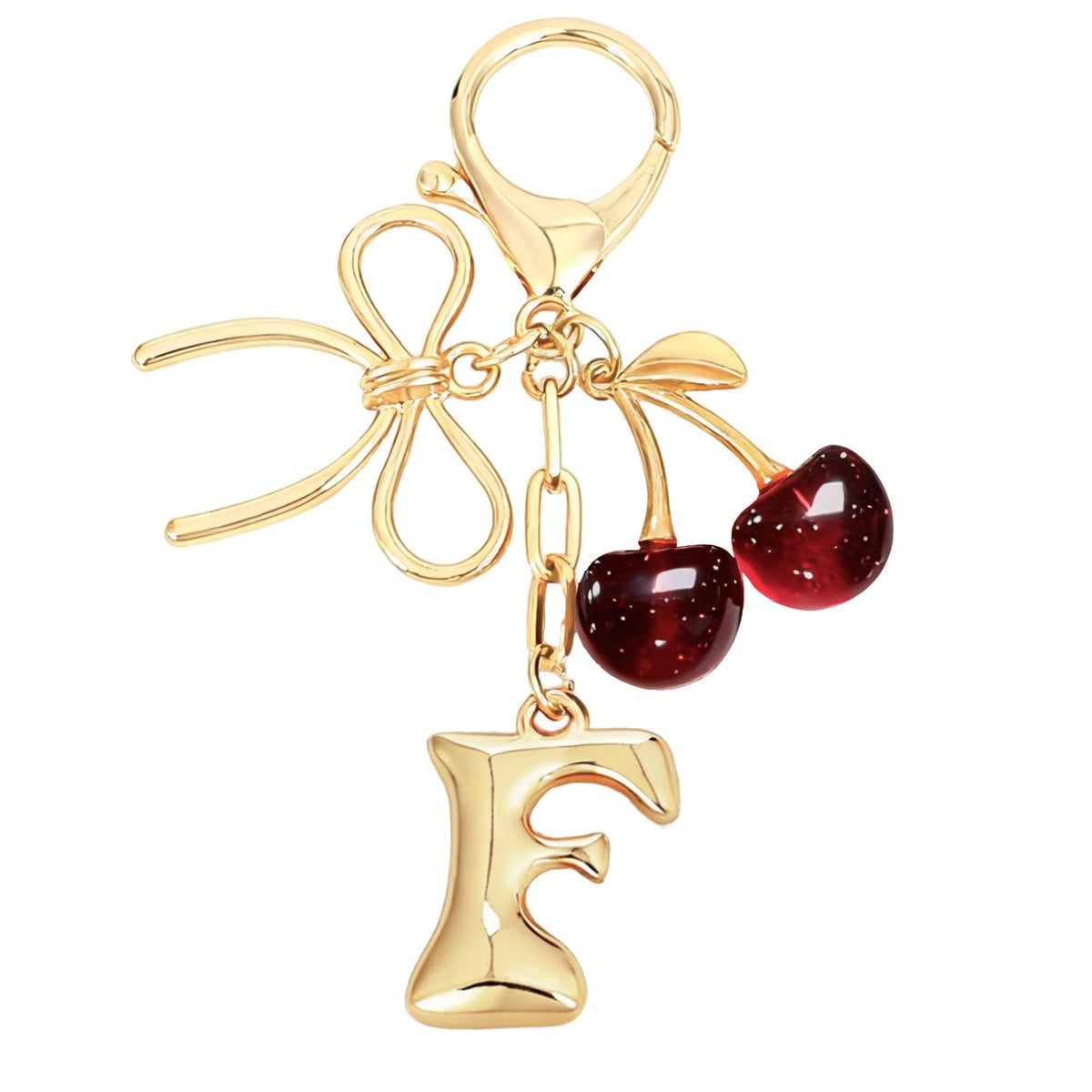 Snycler Bubble Initial Keychain with Bow & Cherry - Gold Letter Bag Charms for Women, Cute Purse Handbag Accessories