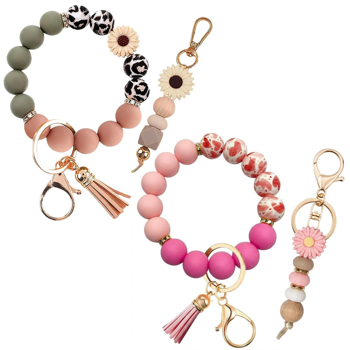 2PCS Bracelet Key Ring Set, Cute Car Key chain Wristlet, Silicone Beaded Bangle keyChains for Women Girls