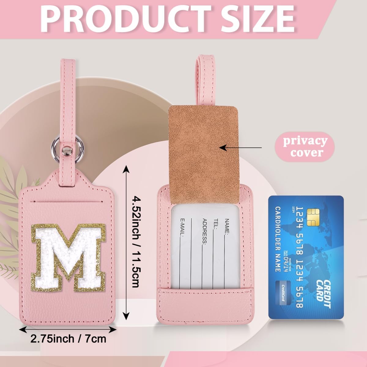 Personalized Initial Luggage Tags for Suitcases, Leather Chenille Letter Cute Luggage Tags with Privacy Name Card, Embroidered Travel Bag Backpack Tag Gifts for Women Kids Girls Teens(Pink-M)