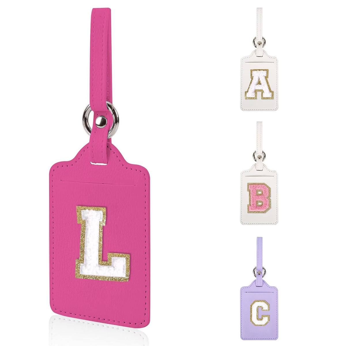 Personalized Initial Luggage Tags for Suitcases, Leather Chenille Letter Cute Luggage Tags with Privacy Name Card, Embroidered Travel Bag Backpack Tag Gifts for Women Kids Girls Teens(Pink-M)