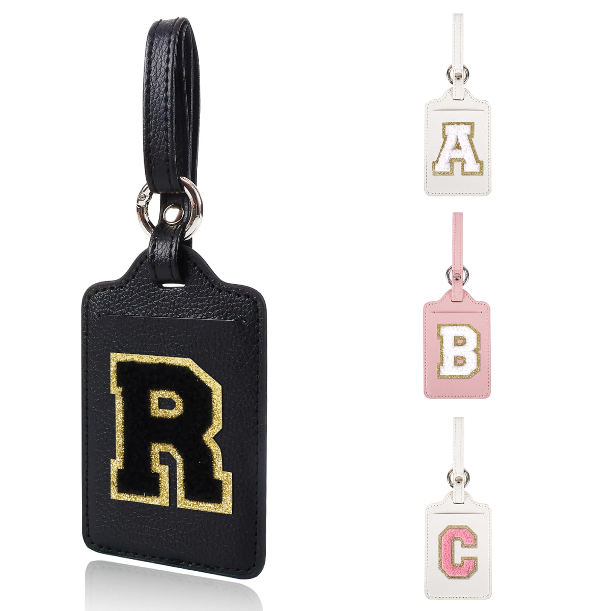 Personalized Initial Luggage Tags for Suitcases, Leather Chenille Letter Cute Luggage Tags with Privacy Name Card, Embroidered Travel Bag Backpack Tag Gifts for Women Kids Girls Teens(Pink-M)