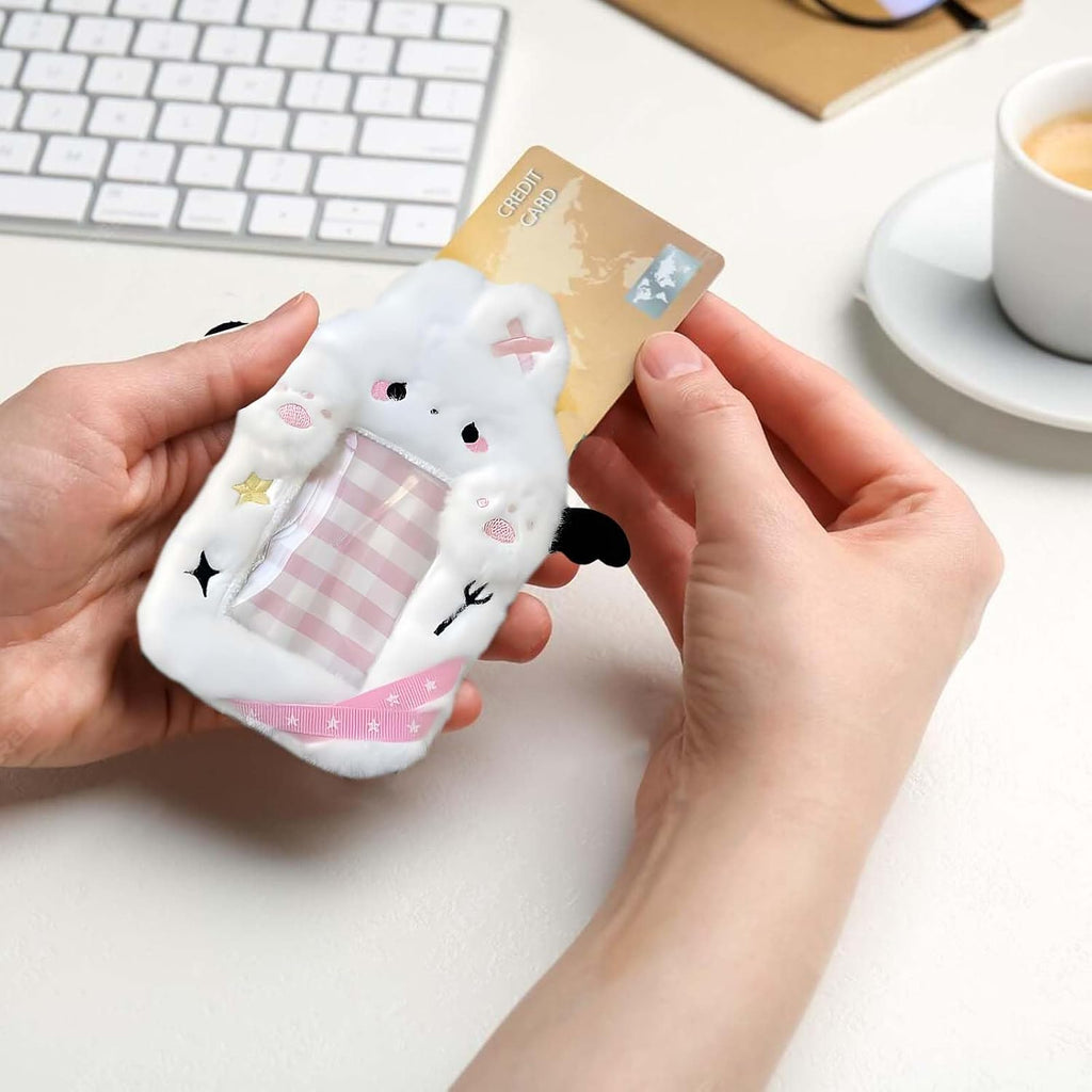 2 Pieces Kitten & Rabbit Plush Badge Holders with Wings | Photocard Display Case | Protective Sleeves for Bus, ID, and Student Cards | Cartoon Animal Design with Clear Window