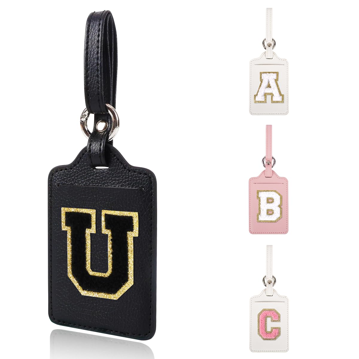 Personalized Initial Luggage Tags for Suitcases, Leather Chenille Letter Cute Luggage Tags with Privacy Name Card, Embroidered Travel Bag Backpack Tag Gifts for Women Kids Girls Teens(Pink-M)