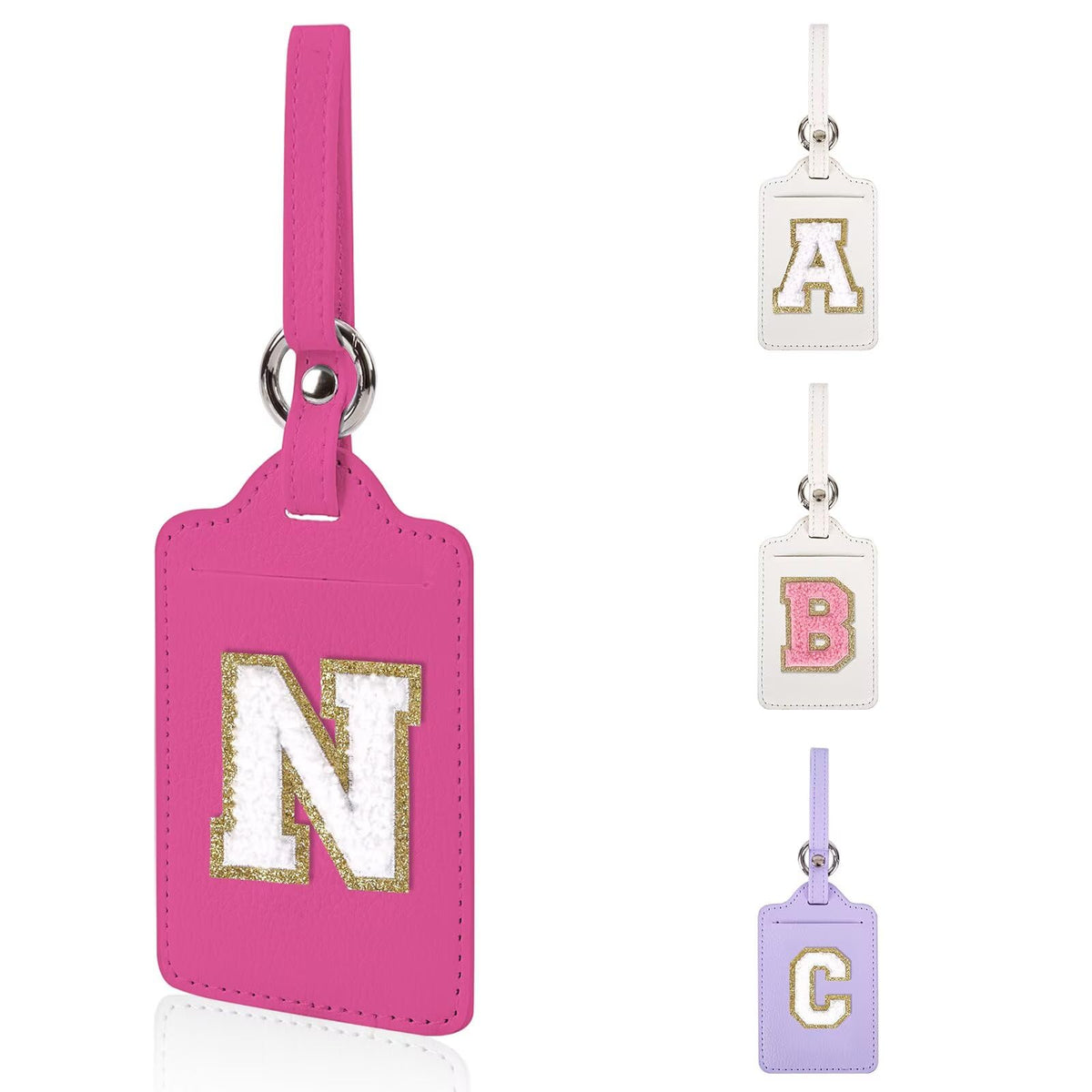 Personalized Initial Luggage Tags for Suitcases, Leather Chenille Letter Cute Luggage Tags with Privacy Name Card, Embroidered Travel Bag Backpack Tag Gifts for Women Kids Girls Teens(Pink-M)