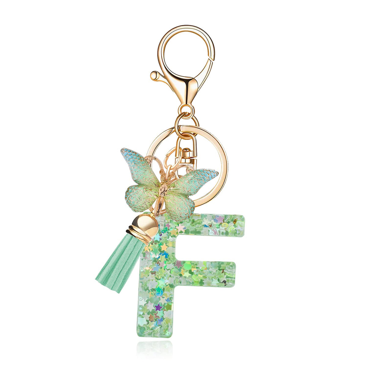 Fashion Alphabet Initial Letter Keychain Tassel Butterfly Pendant Key Ring for Purse Handbags Women Girl