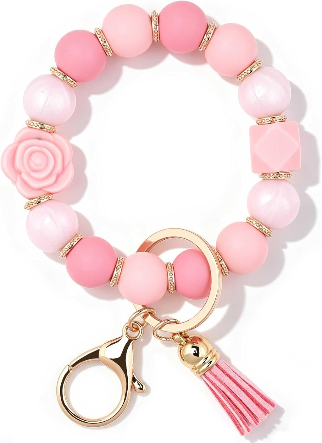BAOSIWA Keychain Wristlet Cute Car Key Chain Holder Rose Flower Key Ring Bracelet Silicone Beaded Keychains for Women Girls