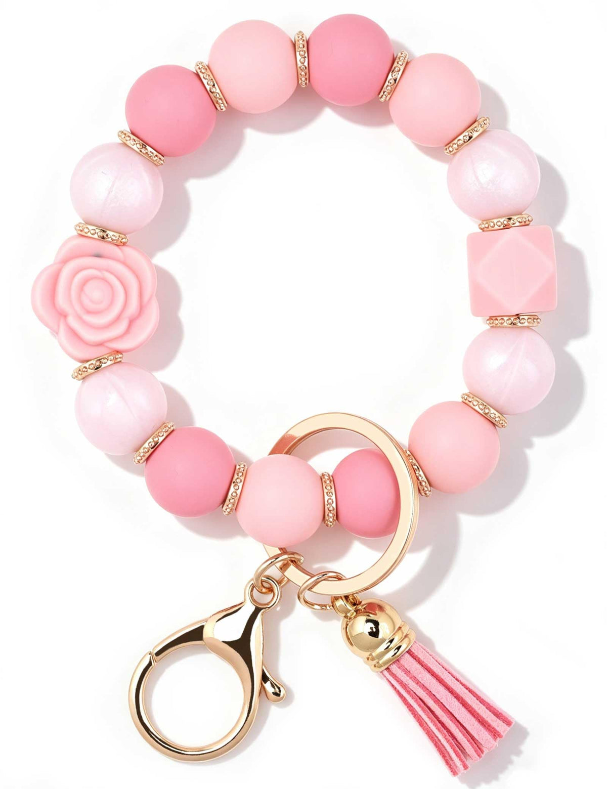 BAOSIWA Keychain Wristlet Cute Car Key Chain Holder Rose Flower Key Ring Bracelet Silicone Beaded Keychains for Women Girls