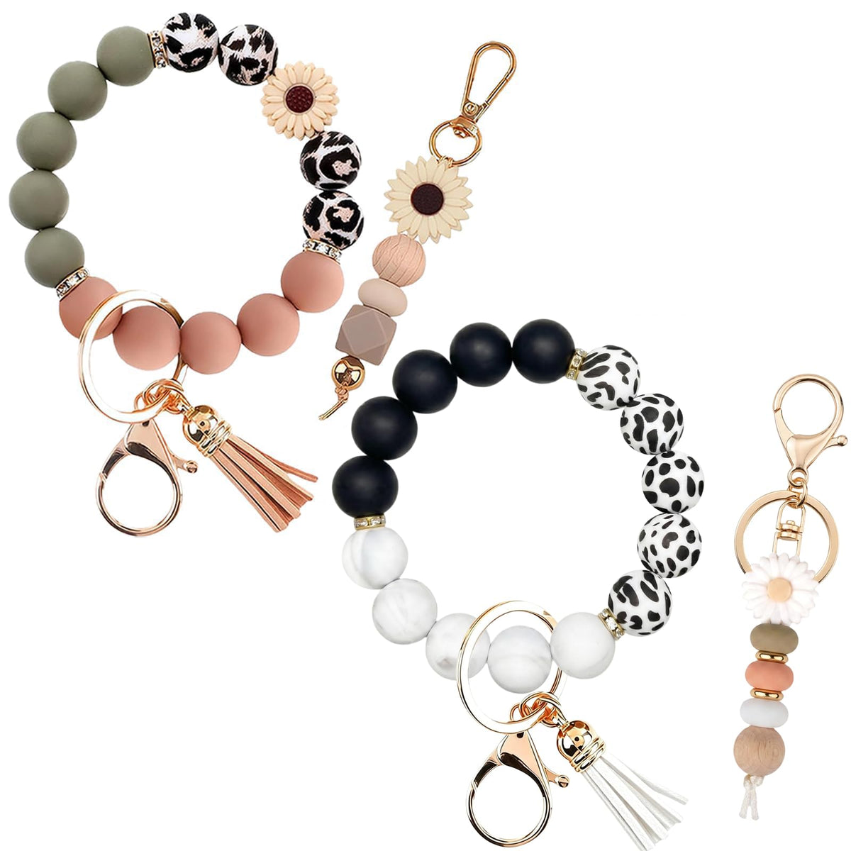 2PCS Bracelet Key Ring Set, Cute Car Key chain Wristlet, Silicone Beaded Bangle keyChains for Women Girls