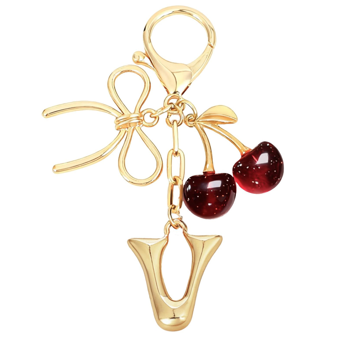 Snycler Bubble Initial Keychain with Bow & Cherry - Gold Letter Bag Charms for Women, Cute Purse Handbag Accessories