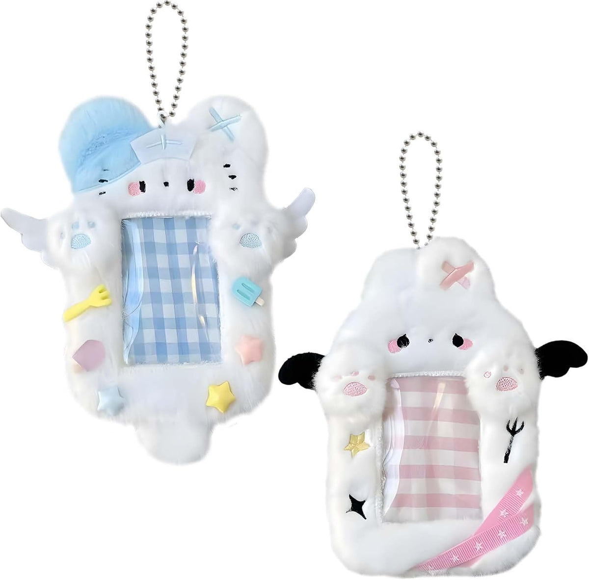 2 Pieces Kitten & Rabbit Plush Badge Holders with Wings | Photocard Display Case | Protective Sleeves for Bus, ID, and Student Cards | Cartoon Animal Design with Clear Window