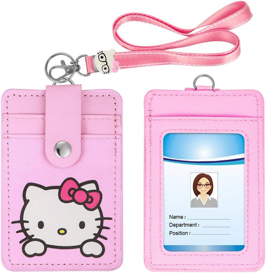 【2025 Latest】 Woosifun ID Badge Holder Cute Credit Card Case Neck Pouch Lanyard with Cartoon Shield Keychain for Students Teens Boys Girls Staff Women (Pink Cat)