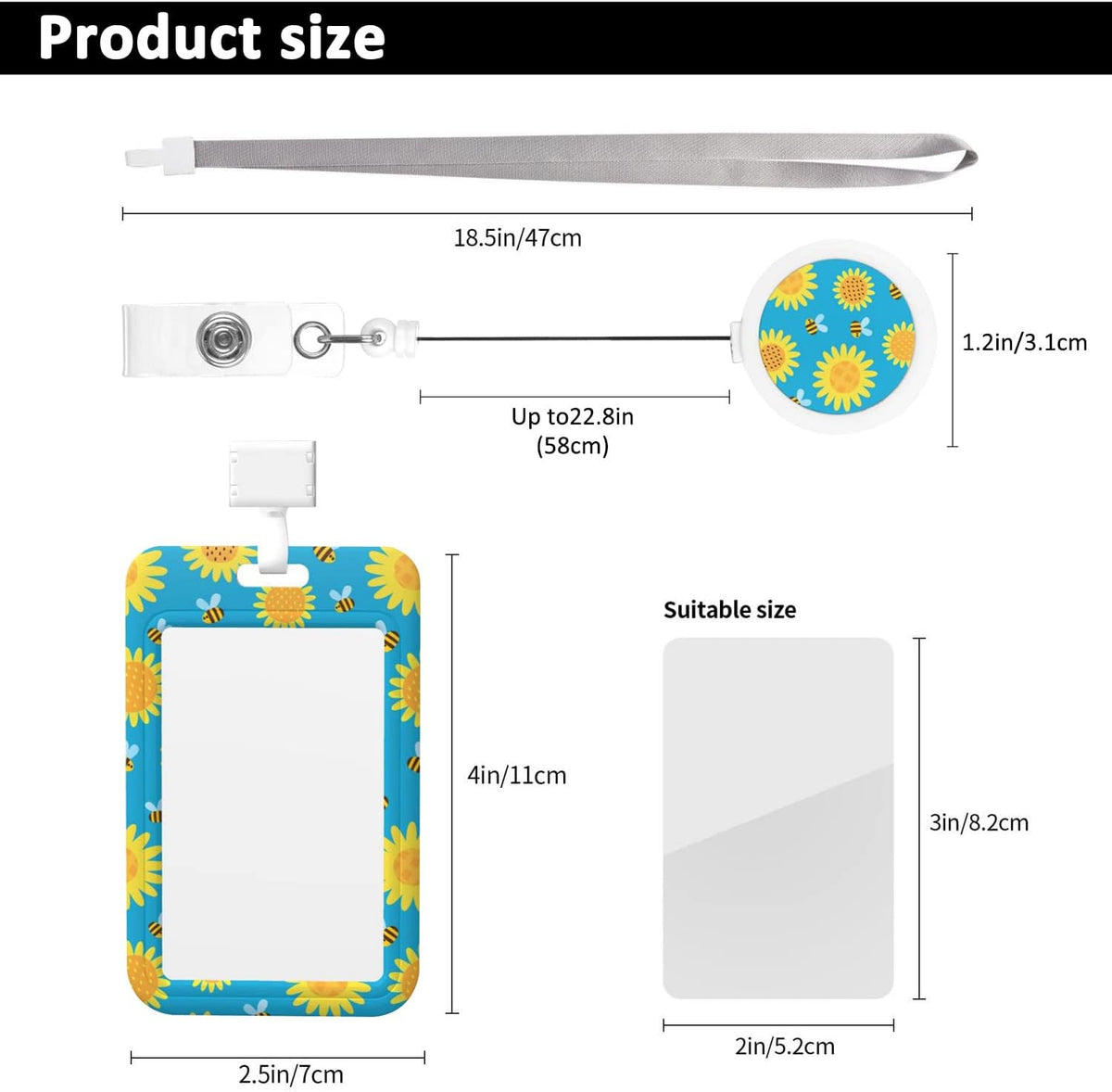 ID Badge Holder with Breakaway Lanyard and Retractable Badge Reel Clip,Cartoon Bees and Flowers Card Name Tag Lanyard Vertical ID Protector Badge Clips for Nurse Nursing Doctor Teacher