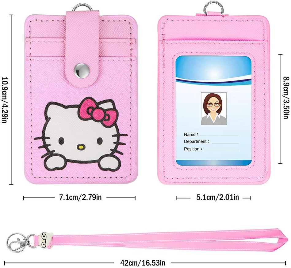 【2025 Latest】 Woosifun ID Badge Holder Cute Credit Card Case Neck Pouch Lanyard with Cartoon Shield Keychain for Students Teens Boys Girls Staff Women (Pink Cat)