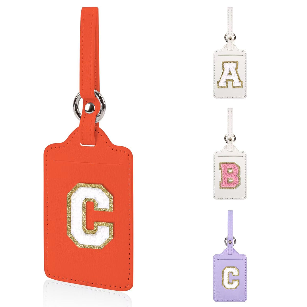 Personalized Initial Luggage Tags for Suitcases, Leather Chenille Letter Cute Luggage Tags with Privacy Name Card, Embroidered Travel Bag Backpack Tag Gifts for Women Kids Girls Teens(Pink-M)