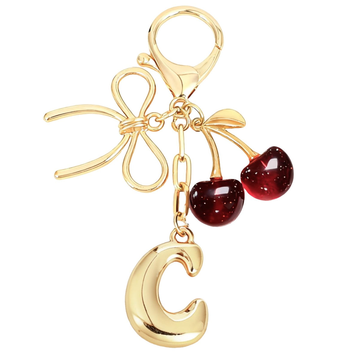 Snycler Bubble Initial Keychain with Bow & Cherry - Gold Letter Bag Charms for Women, Cute Purse Handbag Accessories