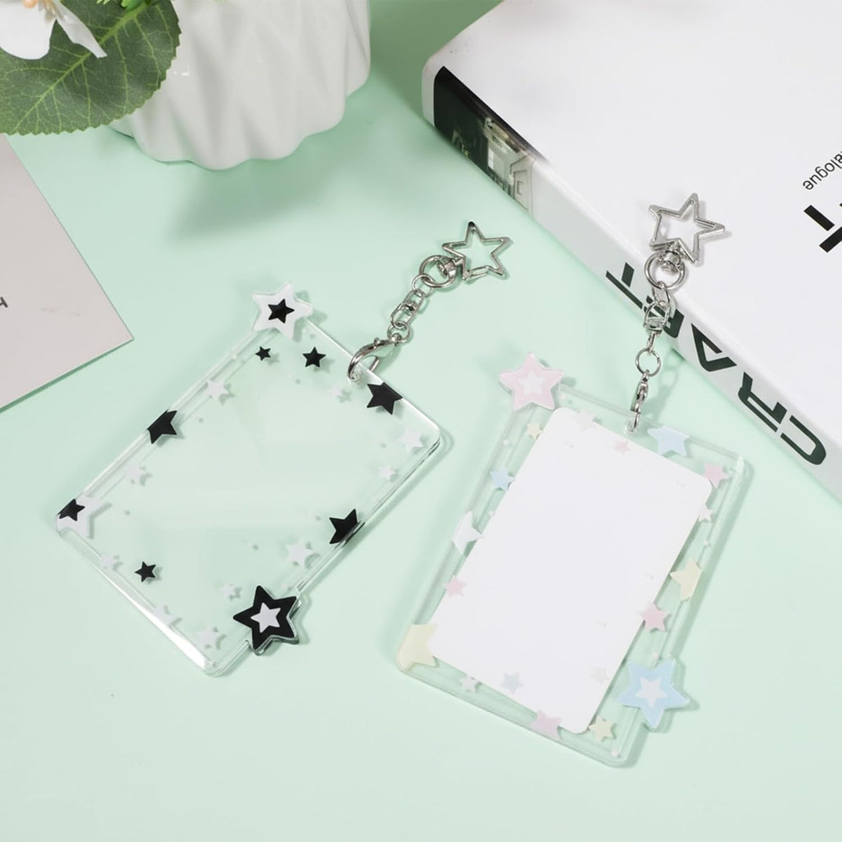 2Pcs Star Photocard Holder with Metal Chain Transparent Y2K Charm Holders Acrylic Cute Protective Photocards with Star Pendant for Idol Card Photo Album