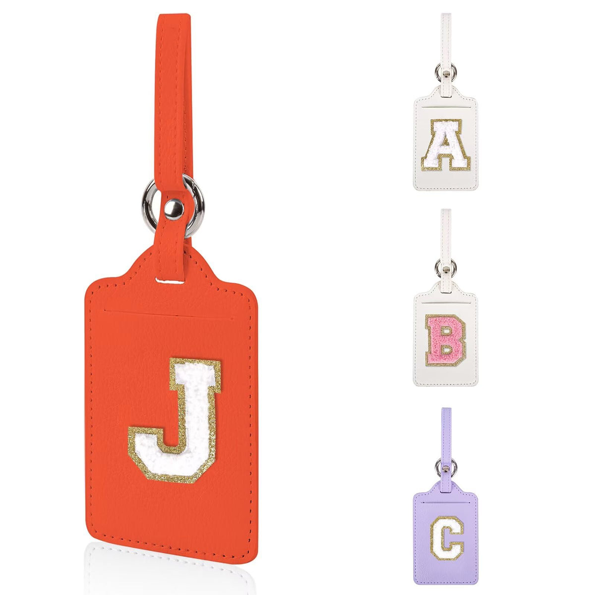 Personalized Initial Luggage Tags for Suitcases, Leather Chenille Letter Cute Luggage Tags with Privacy Name Card, Embroidered Travel Bag Backpack Tag Gifts for Women Kids Girls Teens(Pink-M)