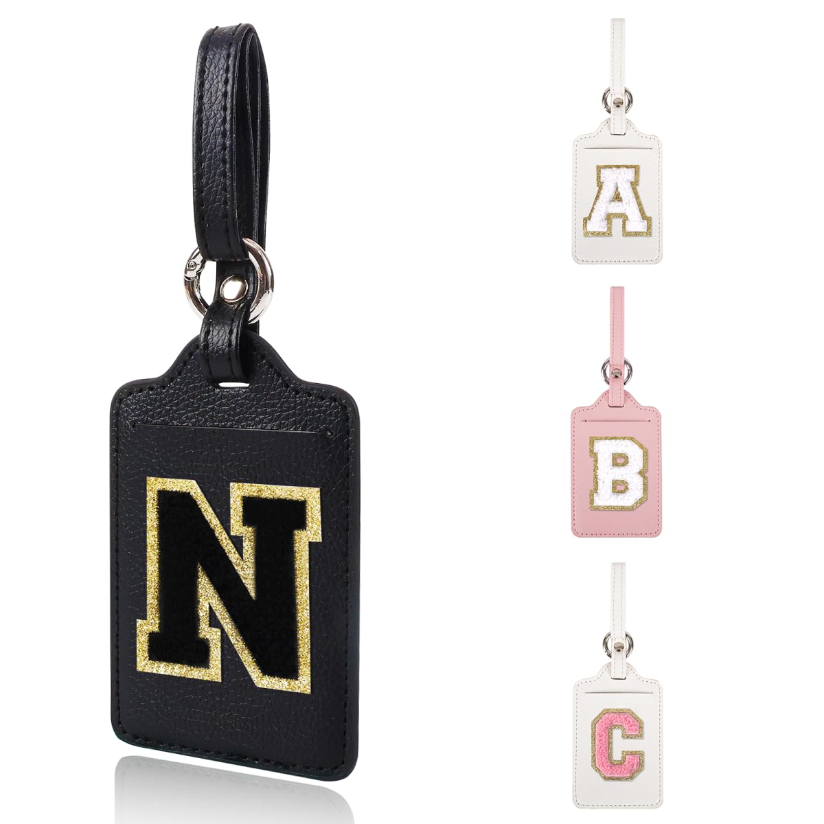 Personalized Initial Luggage Tags for Suitcases, Leather Chenille Letter Cute Luggage Tags with Privacy Name Card, Embroidered Travel Bag Backpack Tag Gifts for Women Kids Girls Teens(Pink-M)