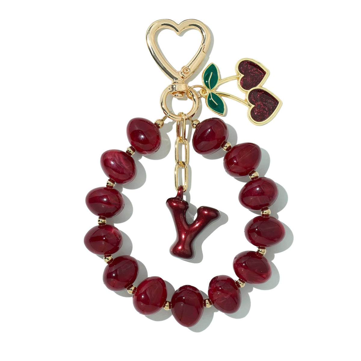 DualCozy Pink/Black Cherry Beaded Bubble Initial Bag Charm Cherry Keychain