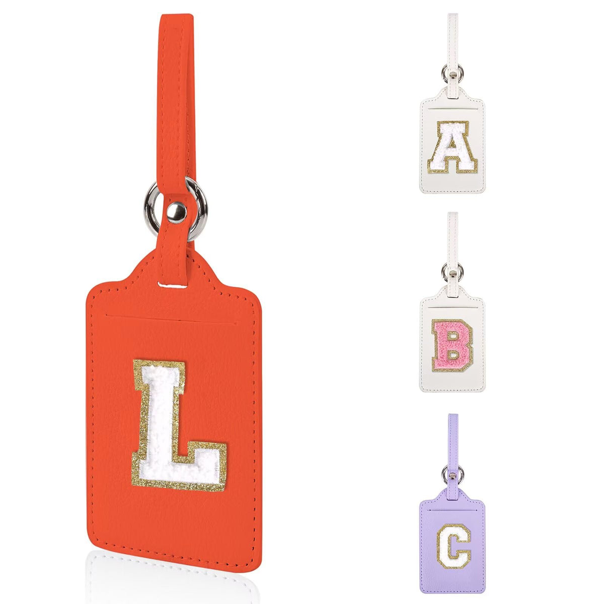 Personalized Initial Luggage Tags for Suitcases, Leather Chenille Letter Cute Luggage Tags with Privacy Name Card, Embroidered Travel Bag Backpack Tag Gifts for Women Kids Girls Teens(Pink-M)