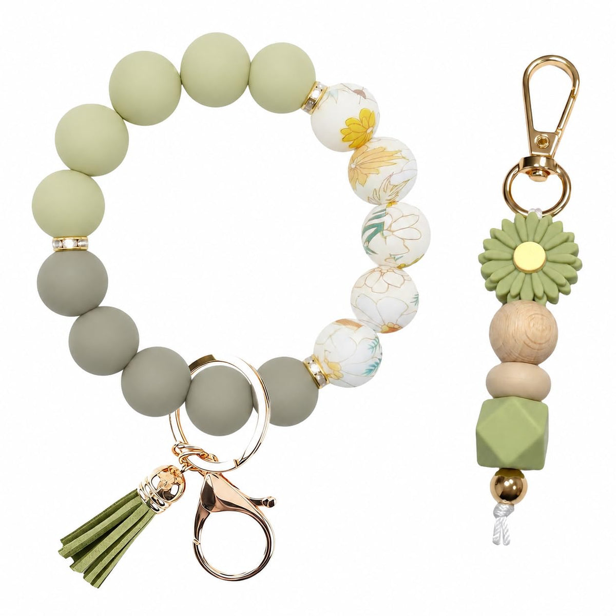 2PCS Bracelet Key Ring Set, Cute Car Key chain Wristlet, Silicone Beaded Bangle keyChains for Women Girls