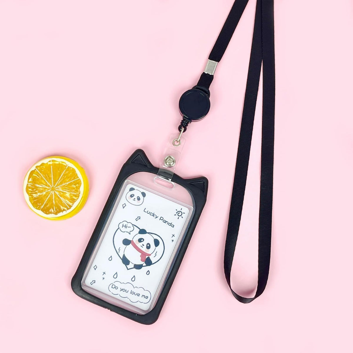 2 Pack Cat Ear ID Badge Holder with Flat Neck Lanyard, Cute Cartoon Card Case for Nurse Student Women School Office (Black & Dark Blue)