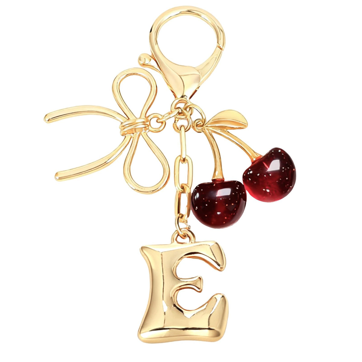Snycler Bubble Initial Keychain with Bow & Cherry - Gold Letter Bag Charms for Women, Cute Purse Handbag Accessories