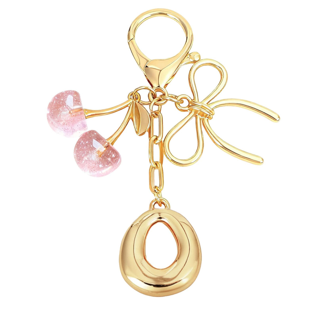 Snycler Bubble Initial Keychain with Bow & Cherry - Gold Letter Bag Charms for Women, Cute Purse Handbag Accessories