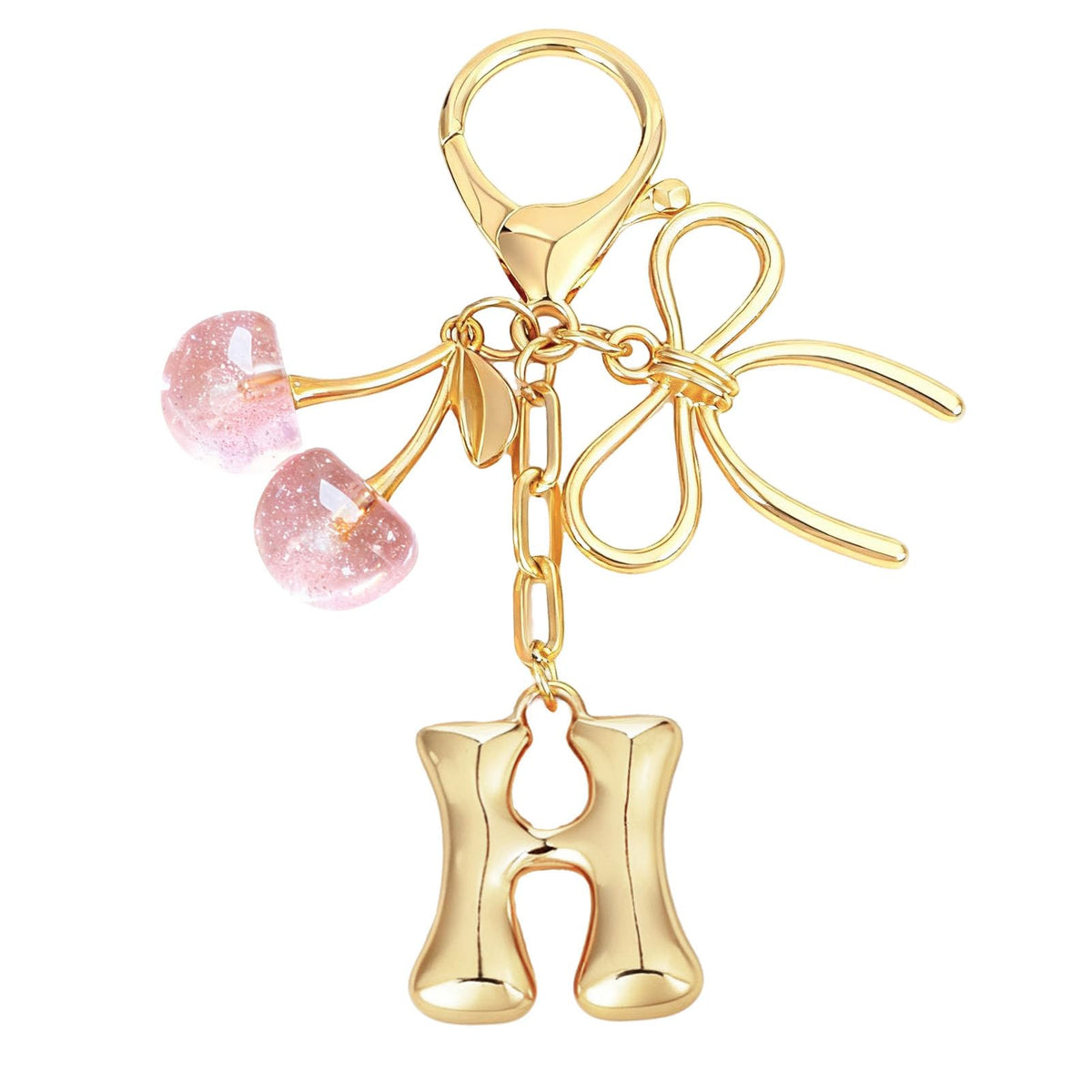 Snycler Bubble Initial Keychain with Bow & Cherry - Gold Letter Bag Charms for Women, Cute Purse Handbag Accessories