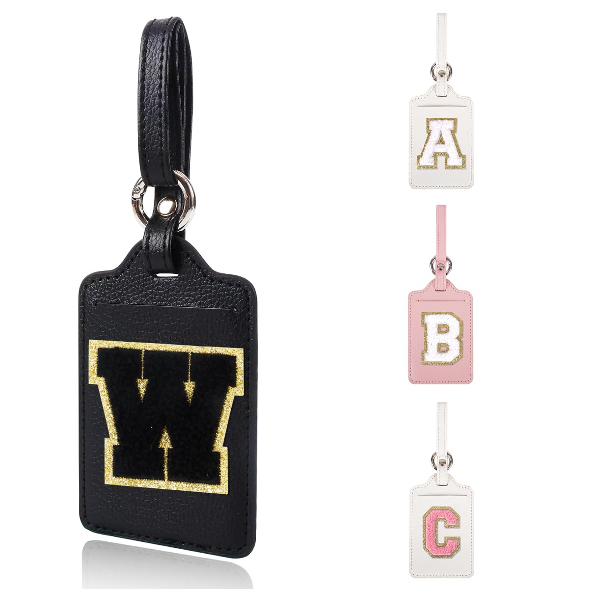 Personalized Initial Luggage Tags for Suitcases, Leather Chenille Letter Cute Luggage Tags with Privacy Name Card, Embroidered Travel Bag Backpack Tag Gifts for Women Kids Girls Teens(Pink-M)