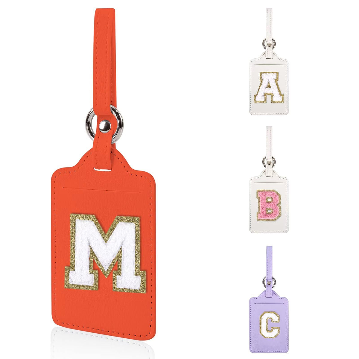 Personalized Initial Luggage Tags for Suitcases, Leather Chenille Letter Cute Luggage Tags with Privacy Name Card, Embroidered Travel Bag Backpack Tag Gifts for Women Kids Girls Teens(Pink-M)