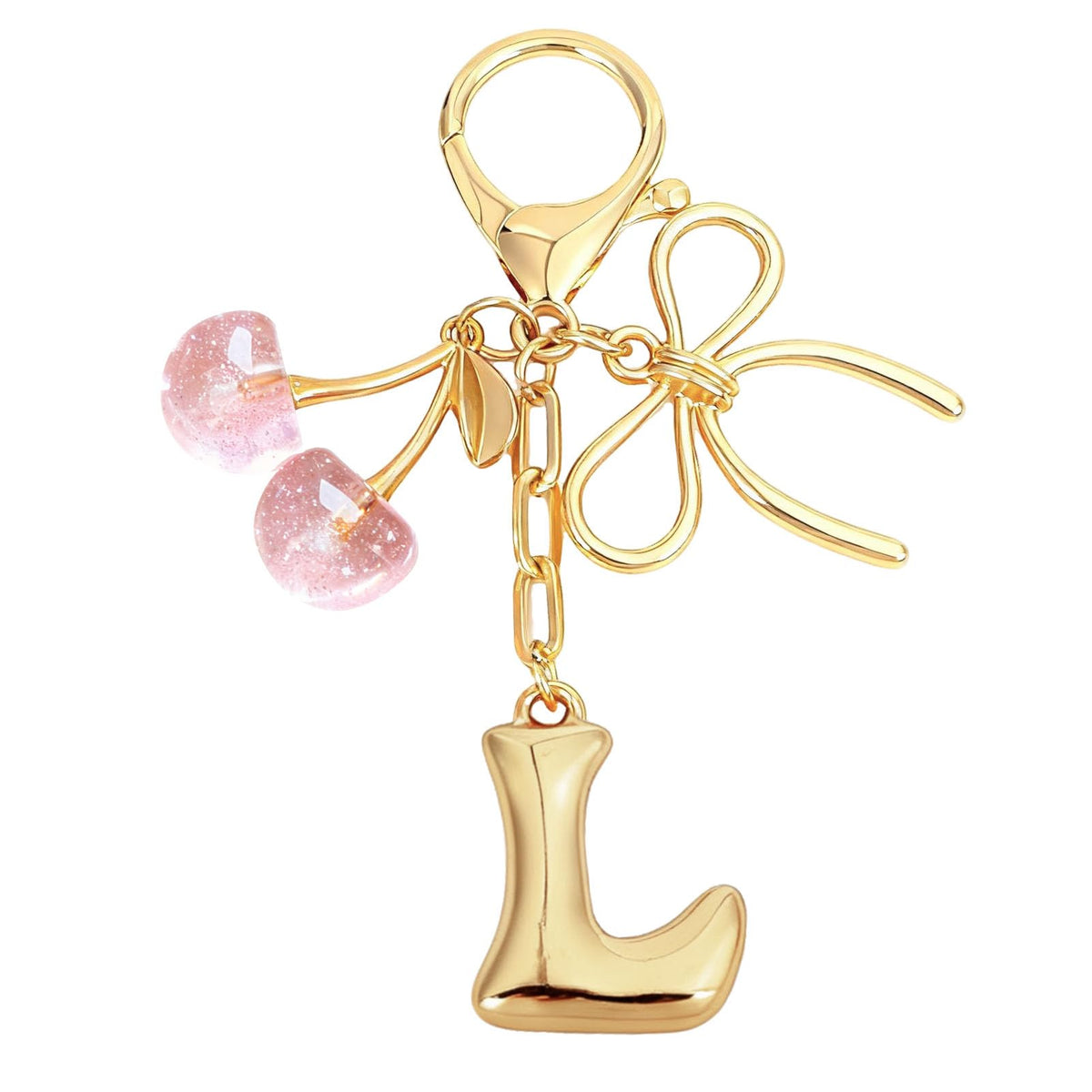 Snycler Bubble Initial Keychain with Bow & Cherry - Gold Letter Bag Charms for Women, Cute Purse Handbag Accessories