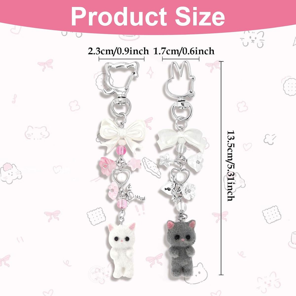 2PCS Cute Pink Fuzzy Cat Keychain Aesthetic Y2K Stylish with Bunny Kitty Lobster Clasp Bow Charms for Handbags Backpacks Purse, Phone