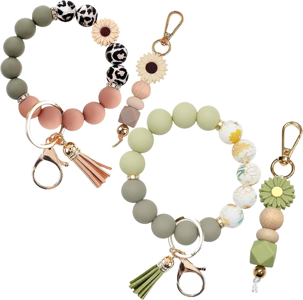 2PCS Bracelet Key Ring Set, Cute Car Key chain Wristlet, Silicone Beaded Bangle keyChains for Women Girls