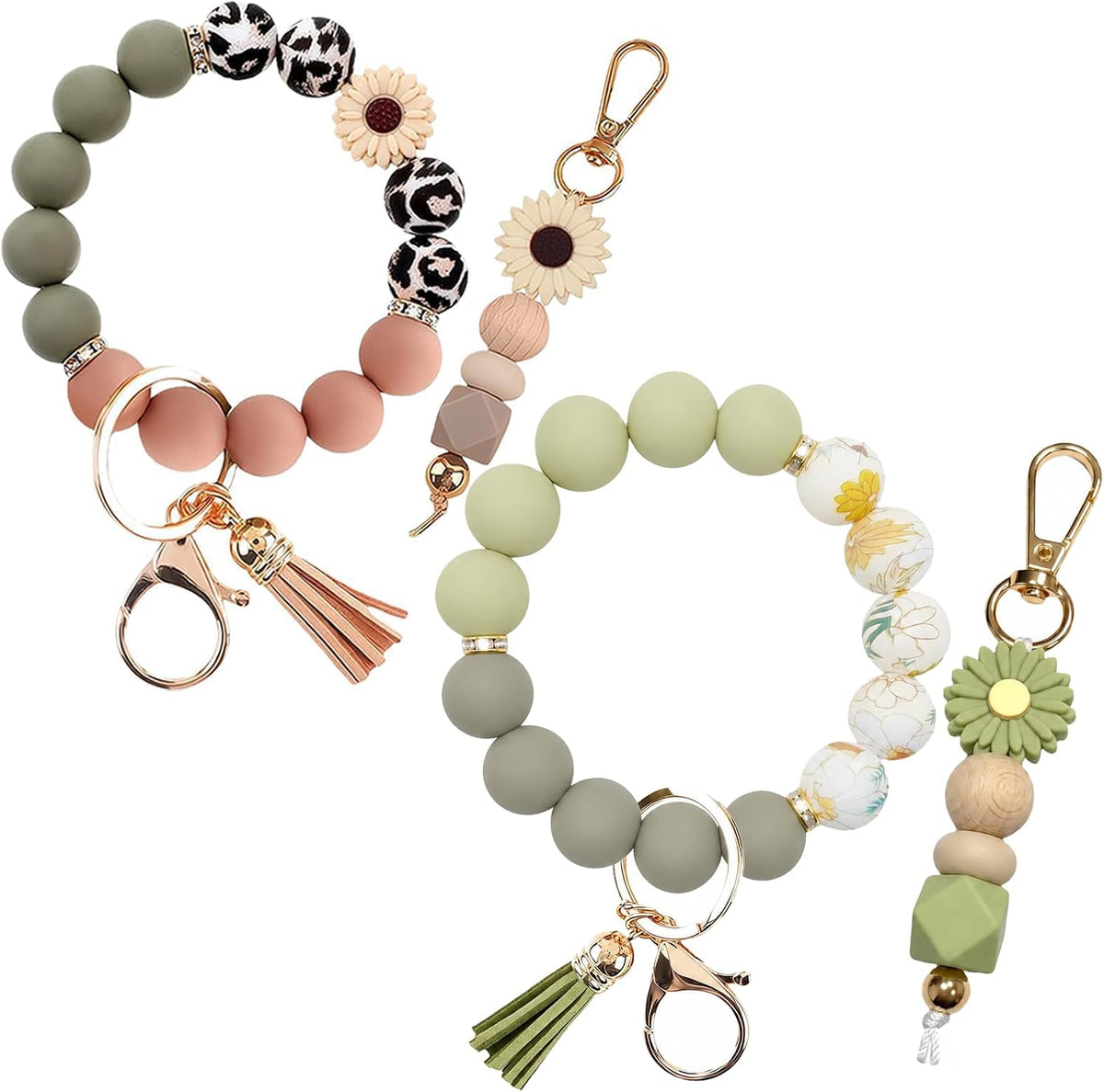 2PCS Bracelet Key Ring Set, Cute Car Key chain Wristlet, Silicone Beaded Bangle keyChains for Women Girls