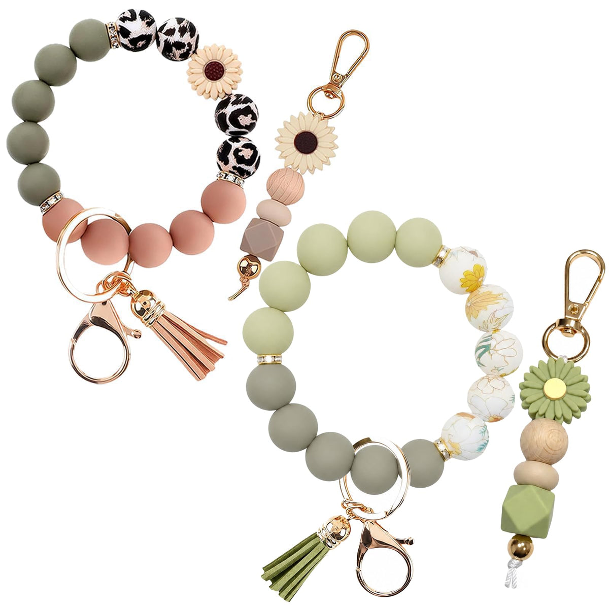 2PCS Bracelet Key Ring Set, Cute Car Key chain Wristlet, Silicone Beaded Bangle keyChains for Women Girls