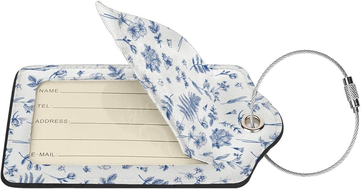 Vintage Blue Flower Luggage Tags 2 Pcs PU Leather Suitcase Tag for Cruise Ship Travel Bag with Stainless Steel Loop Privacy Cover Label for Women Men