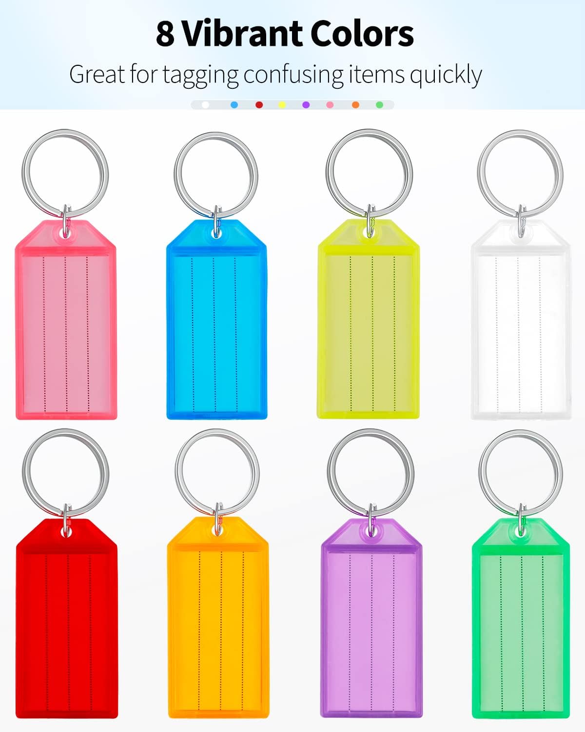 Uniclife 10 Pieces Key Tags 2 Inch Plastic Key Chain Tags with Ruled Blank Paper Labels Transparent Covers and Split Rings Sturdy Item Identifiers, 8 Colors