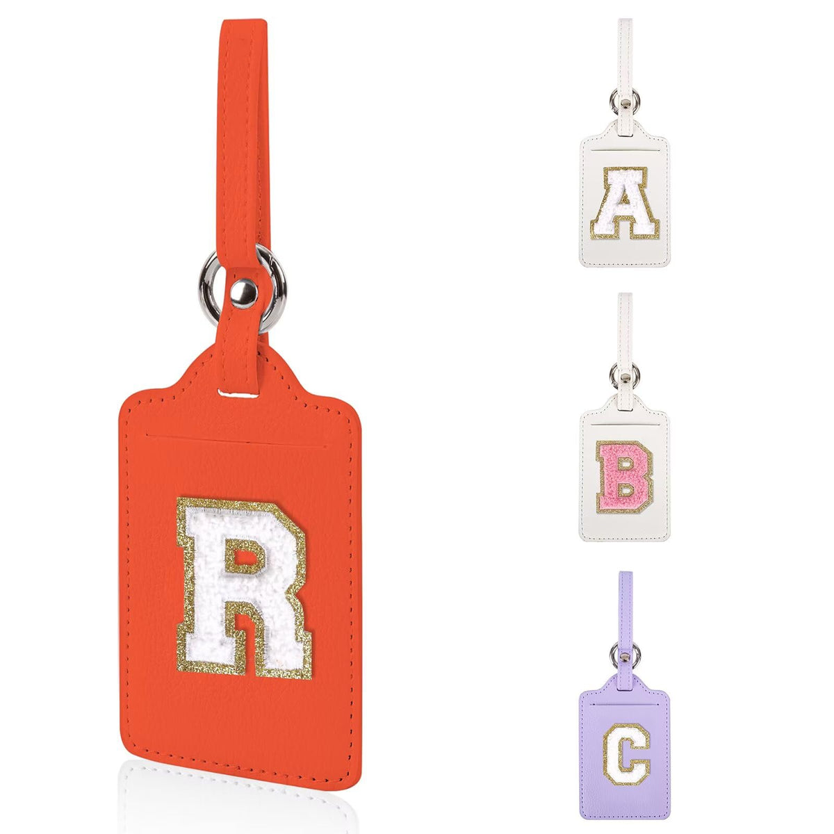 Personalized Initial Luggage Tags for Suitcases, Leather Chenille Letter Cute Luggage Tags with Privacy Name Card, Embroidered Travel Bag Backpack Tag Gifts for Women Kids Girls Teens(Pink-M)