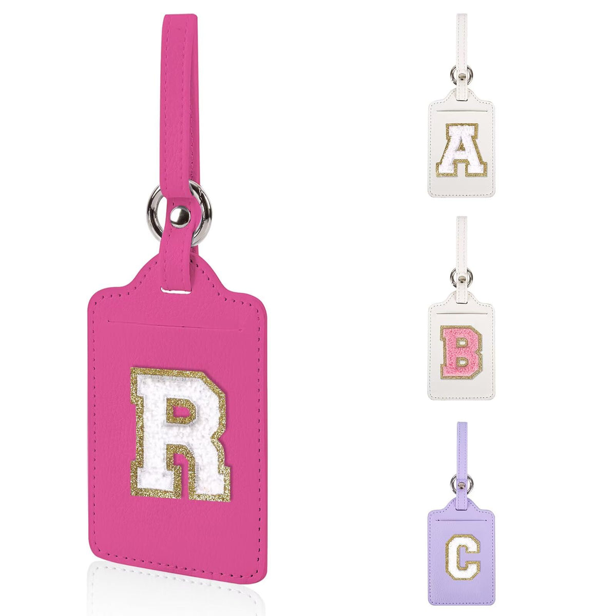 Personalized Initial Luggage Tags for Suitcases, Leather Chenille Letter Cute Luggage Tags with Privacy Name Card, Embroidered Travel Bag Backpack Tag Gifts for Women Kids Girls Teens(Pink-M)