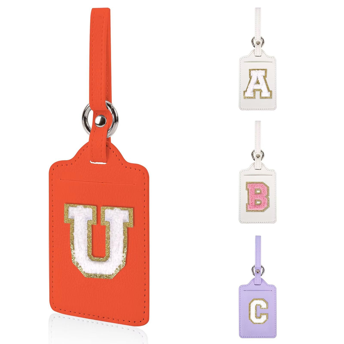 Personalized Initial Luggage Tags for Suitcases, Leather Chenille Letter Cute Luggage Tags with Privacy Name Card, Embroidered Travel Bag Backpack Tag Gifts for Women Kids Girls Teens(Pink-M)