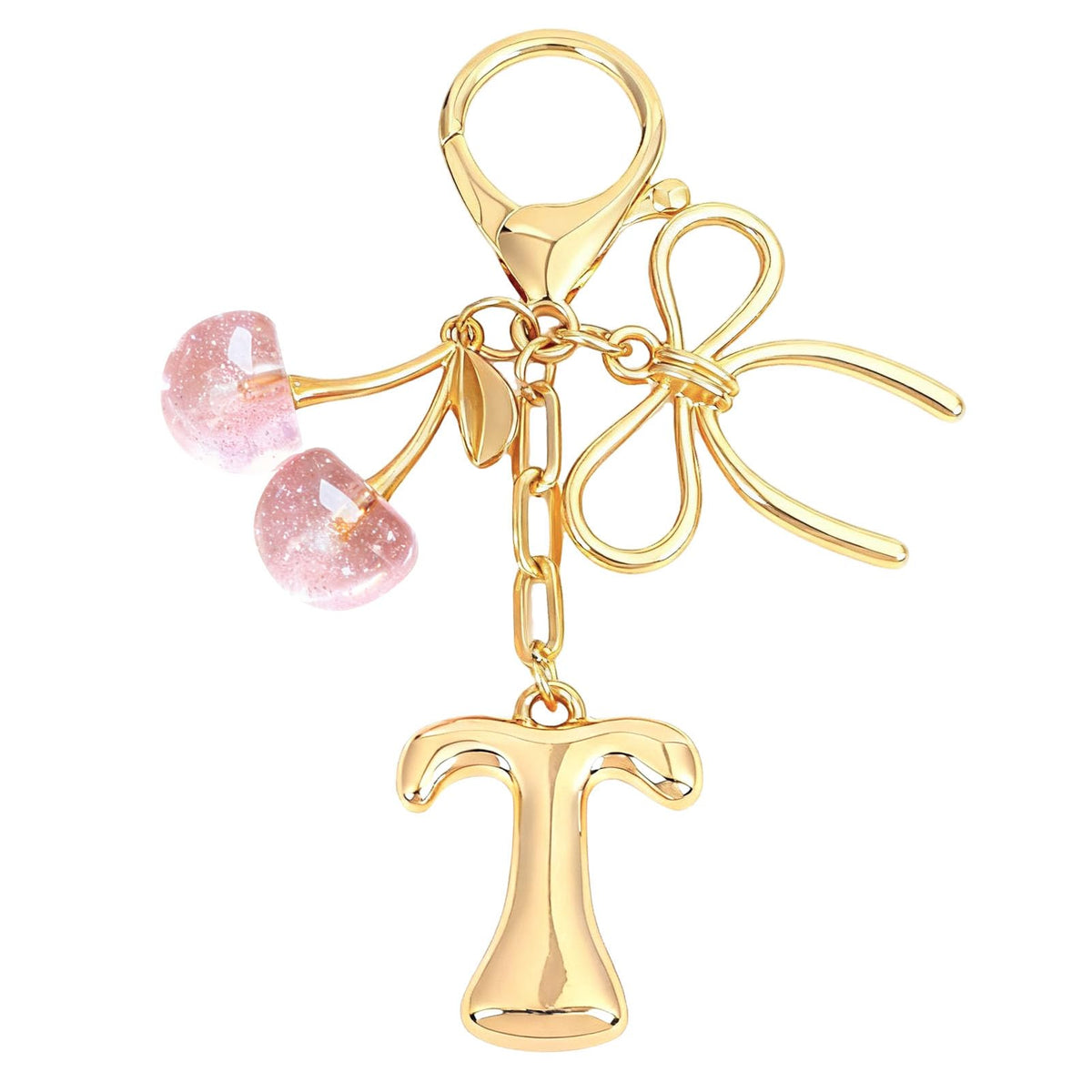 Snycler Bubble Initial Keychain with Bow & Cherry - Gold Letter Bag Charms for Women, Cute Purse Handbag Accessories