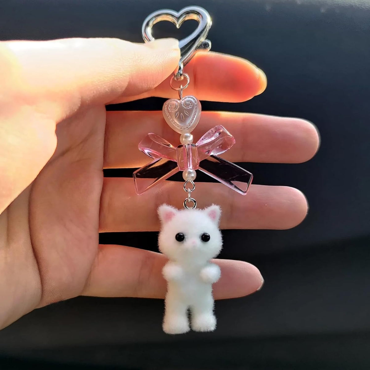 Agromusk Cute Kitty Keychain, Fuzzy Cat Decor Gifts, Y2K Heart Bow Pendent Women Girls Kawaii Cat Bag Charm