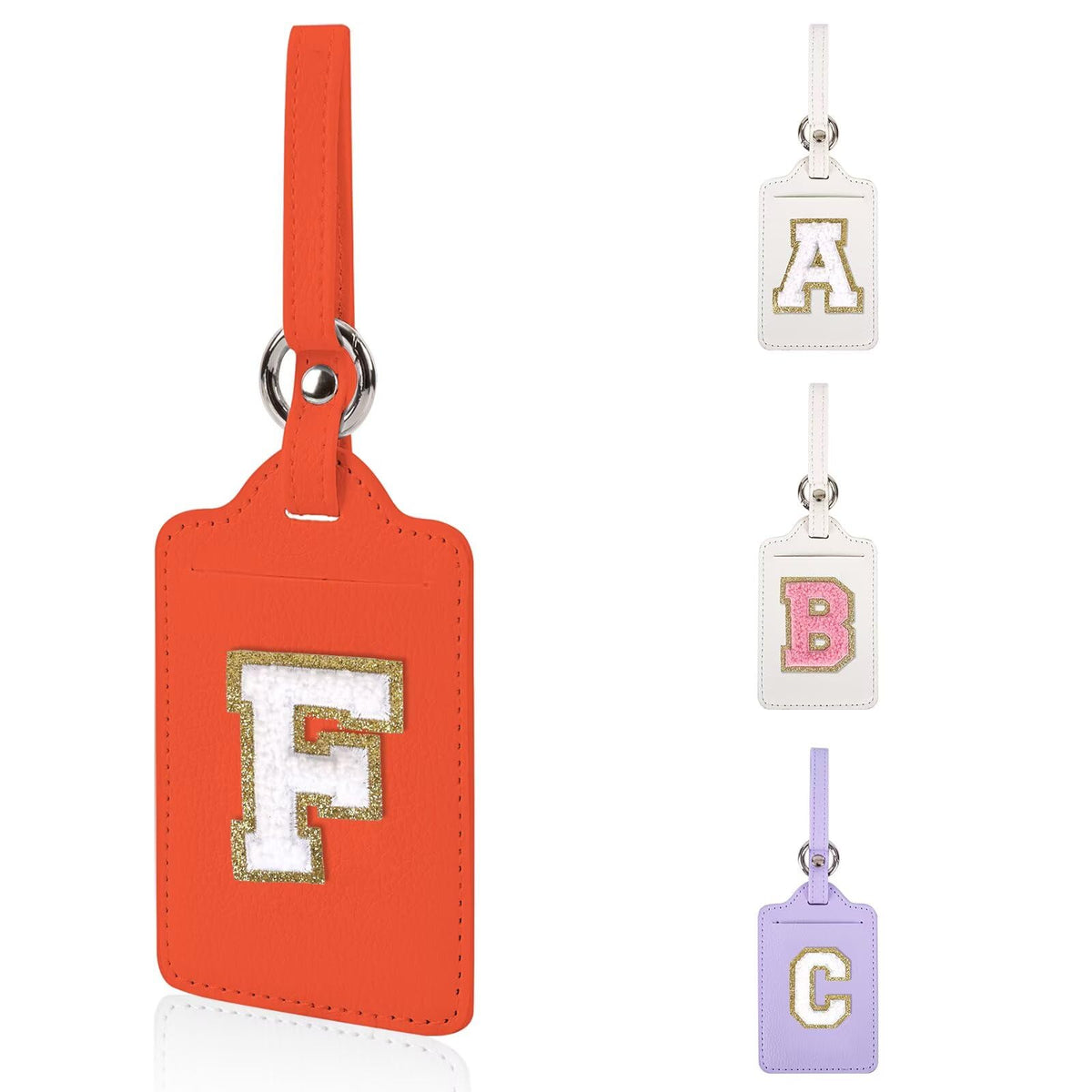 Personalized Initial Luggage Tags for Suitcases, Leather Chenille Letter Cute Luggage Tags with Privacy Name Card, Embroidered Travel Bag Backpack Tag Gifts for Women Kids Girls Teens(Pink-M)