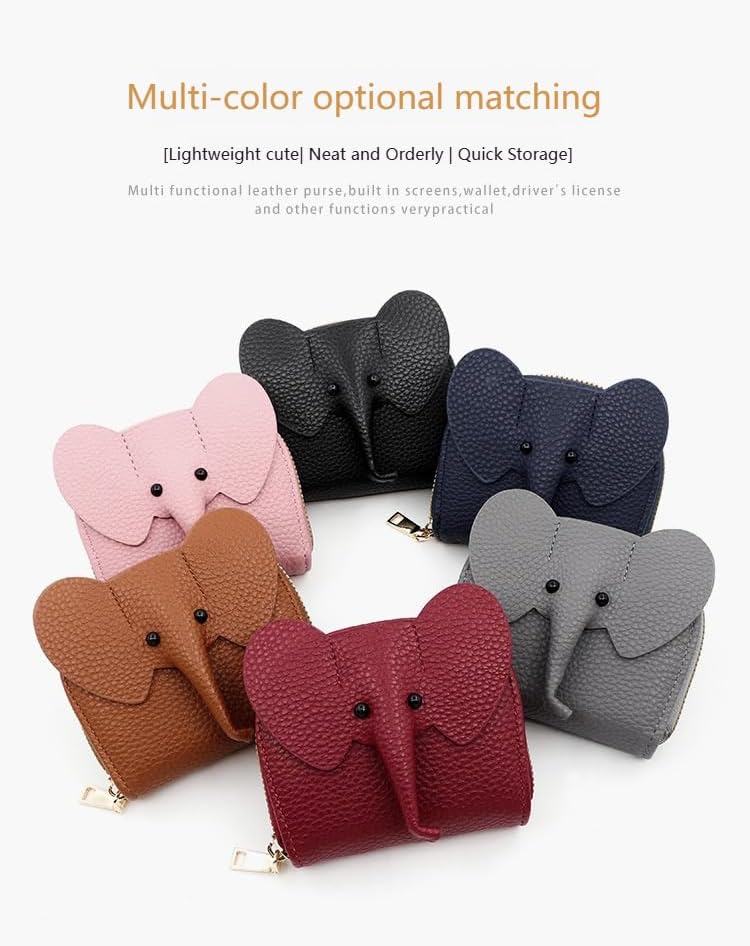 Wallet Card Holder, RFID Blocking Purse,Cute Elephant Small Minimalist Leather Credit for Women, Girls, Ladies (Red)