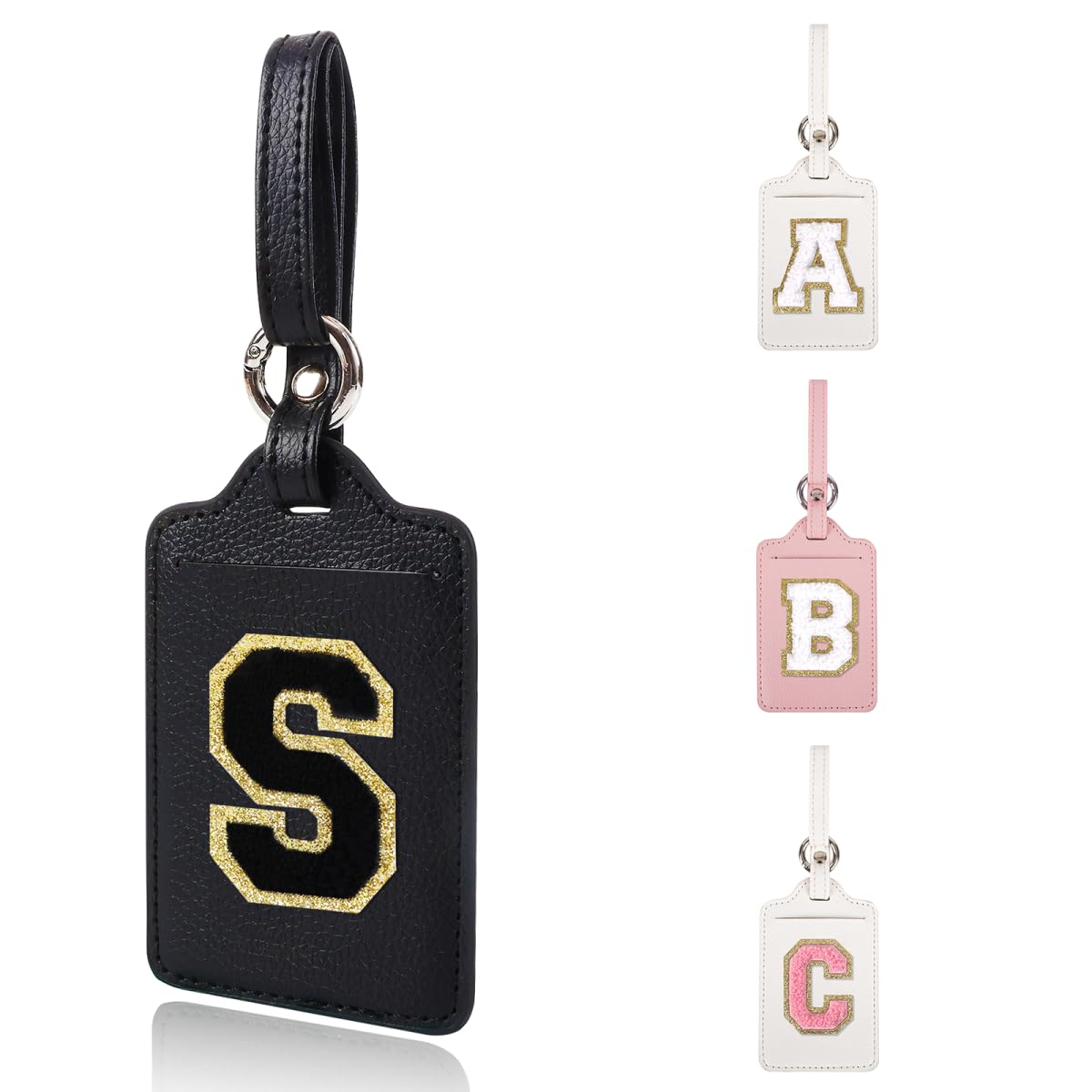 Personalized Initial Luggage Tags for Suitcases, Leather Chenille Letter Cute Luggage Tags with Privacy Name Card, Embroidered Travel Bag Backpack Tag Gifts for Women Kids Girls Teens(Pink-M)